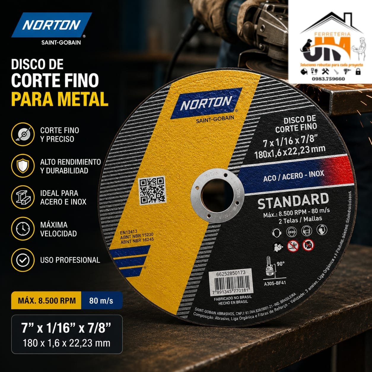 METAL DISCO CORTE NORTON 7 180X1 6 PARA HIERRO - Imagen 1