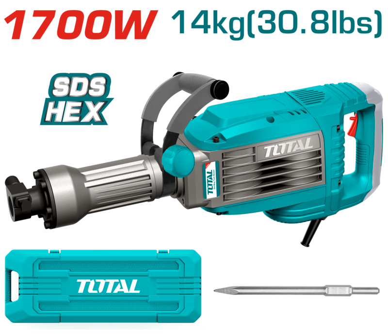 DEMOLEDOR MARTILLO TOTAL 1700W 14KG+CINCEL 30MM