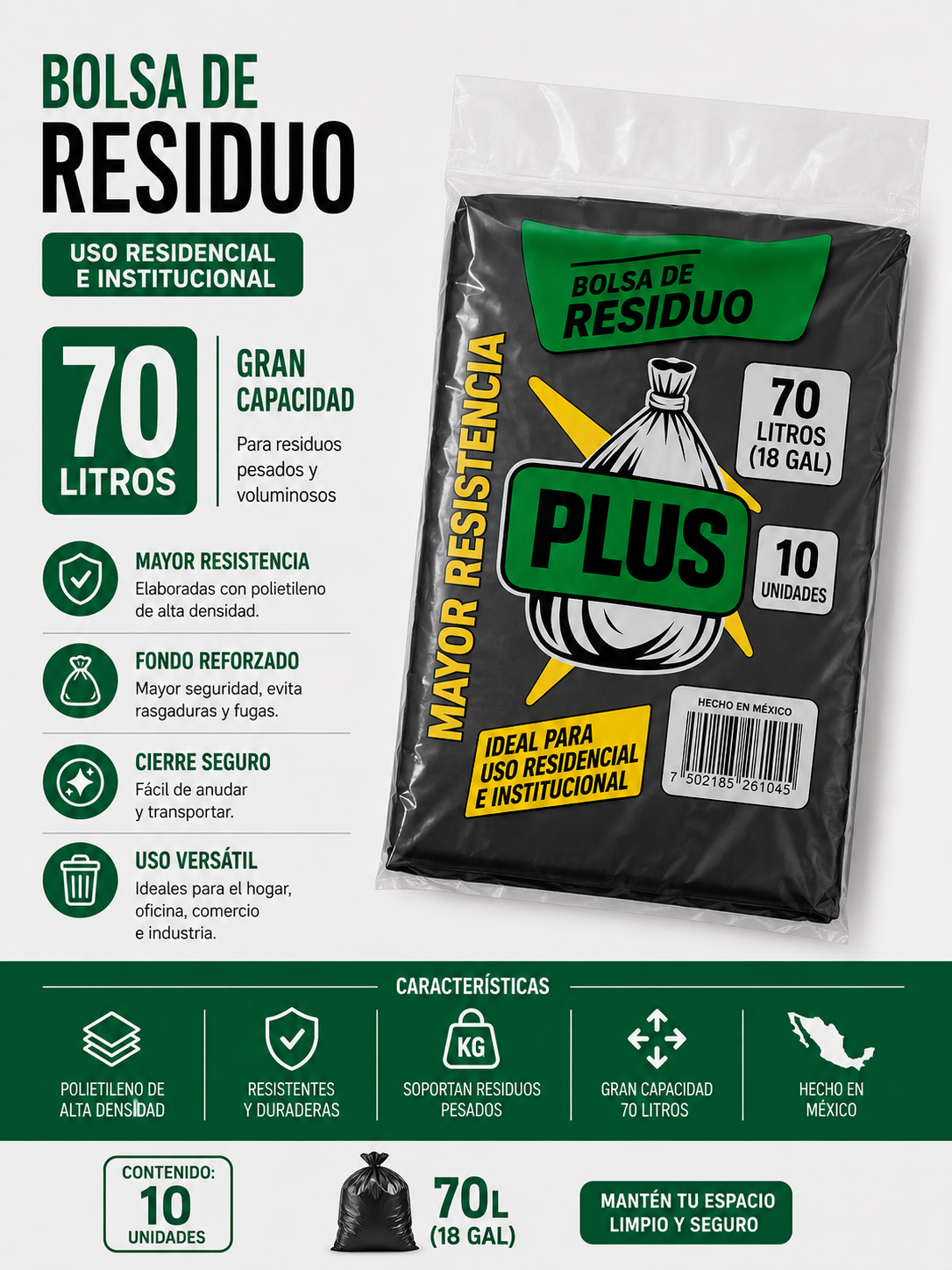 BILSA DE RECIDUOS BOLSA 070LTS PARA RESIDUO 10UNID RESISTENTE - Imagen 1