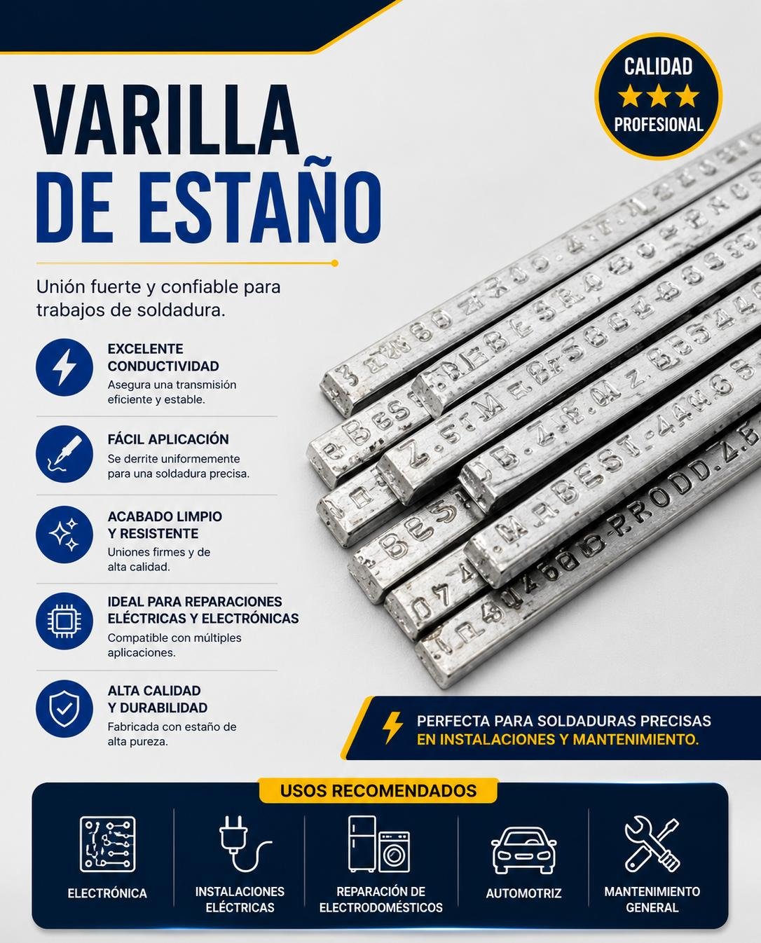 VARILLA DE ASTA VARILLA PARA SOLDAR ESTANHO FISAE 30X70 BARRA PARA SOL - Imagen 1