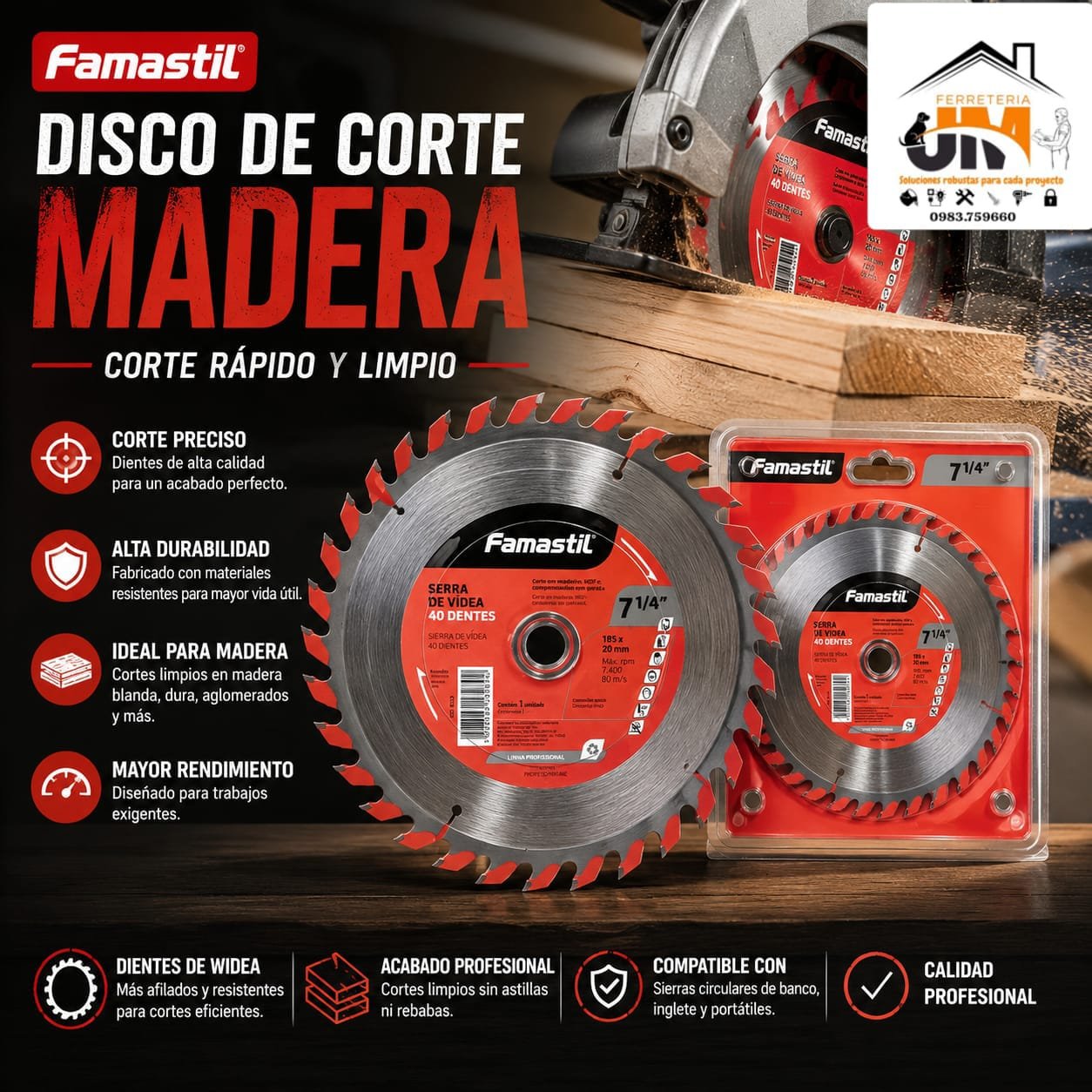 FAMASTIL DISCO CORTE FAMASTIL 185 X40D SIERRA PARA MADERA - Imagen 1