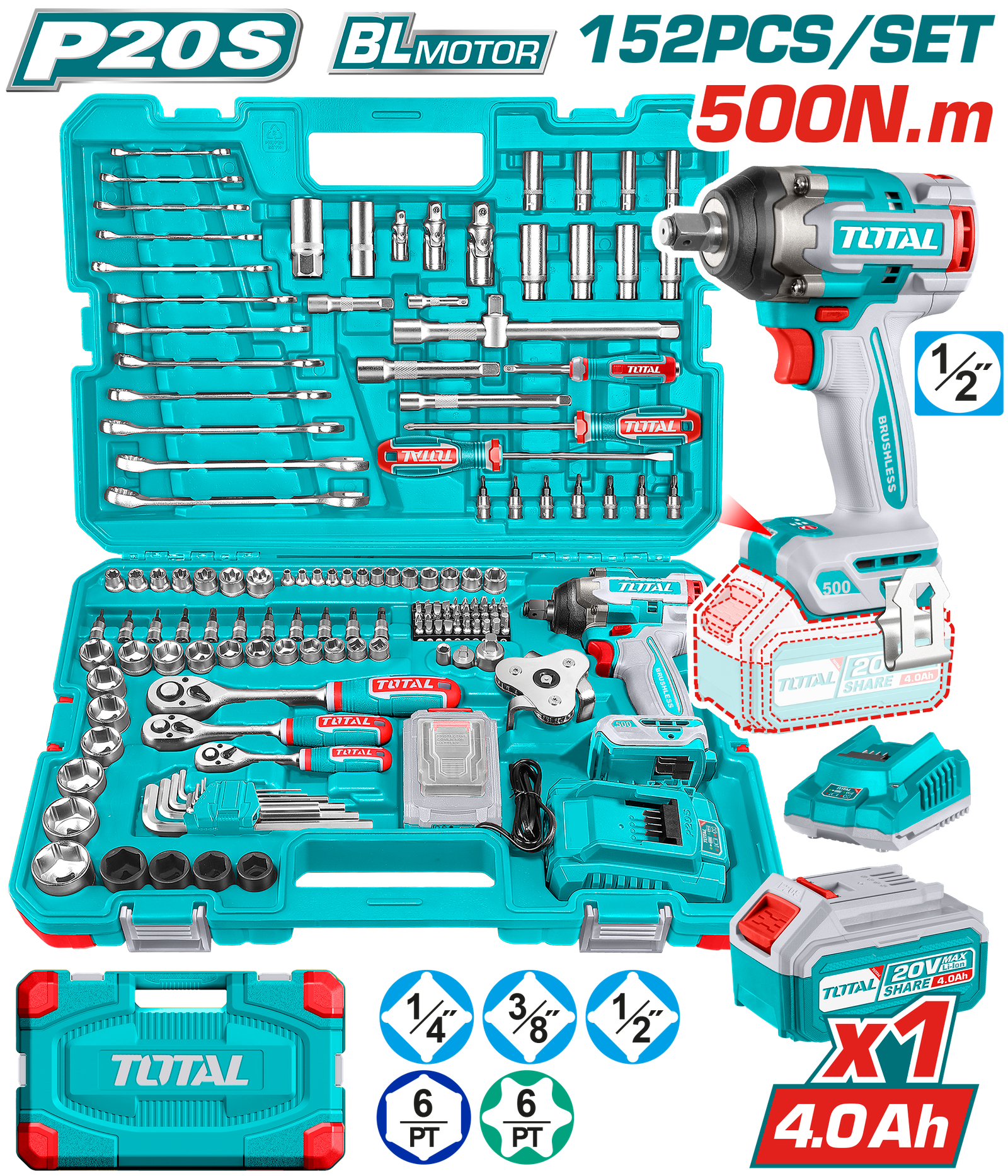 KIT LLAVE DE IMPACTO JUEGO TALADRO IMPACTO TOTAL 152HERRAM THKTHP31522 - Imagen 1