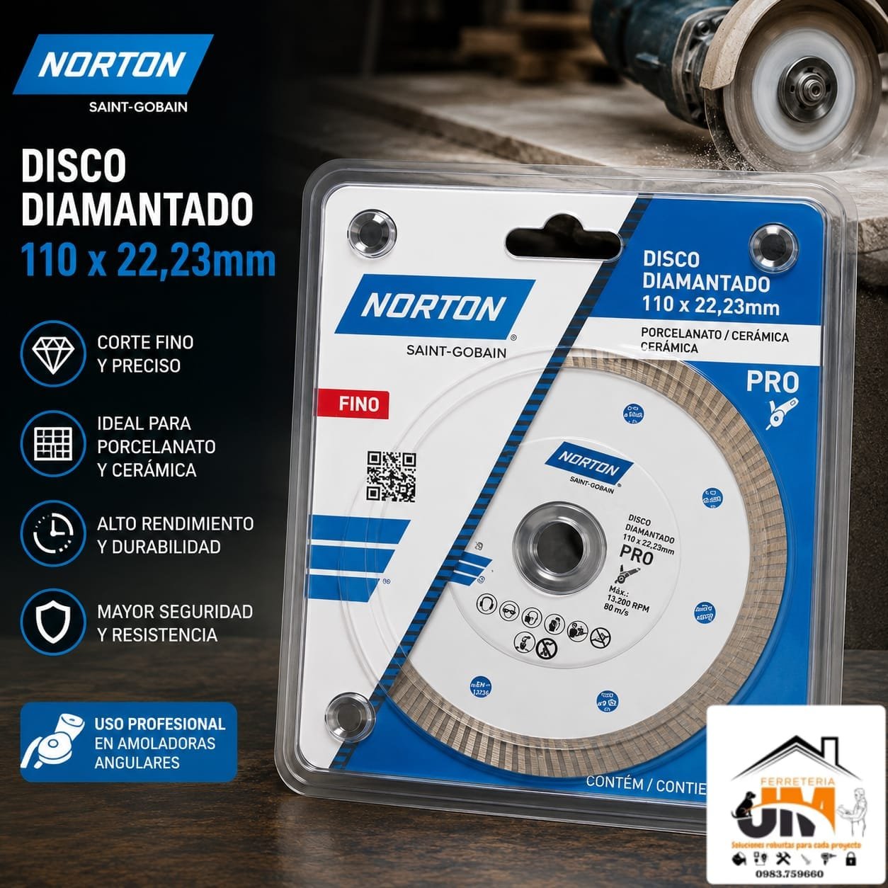 MMMM DISCO CORTE 4 5 TURBO NORTON 110X22 23 DIAM PORC / M - Imagen 1